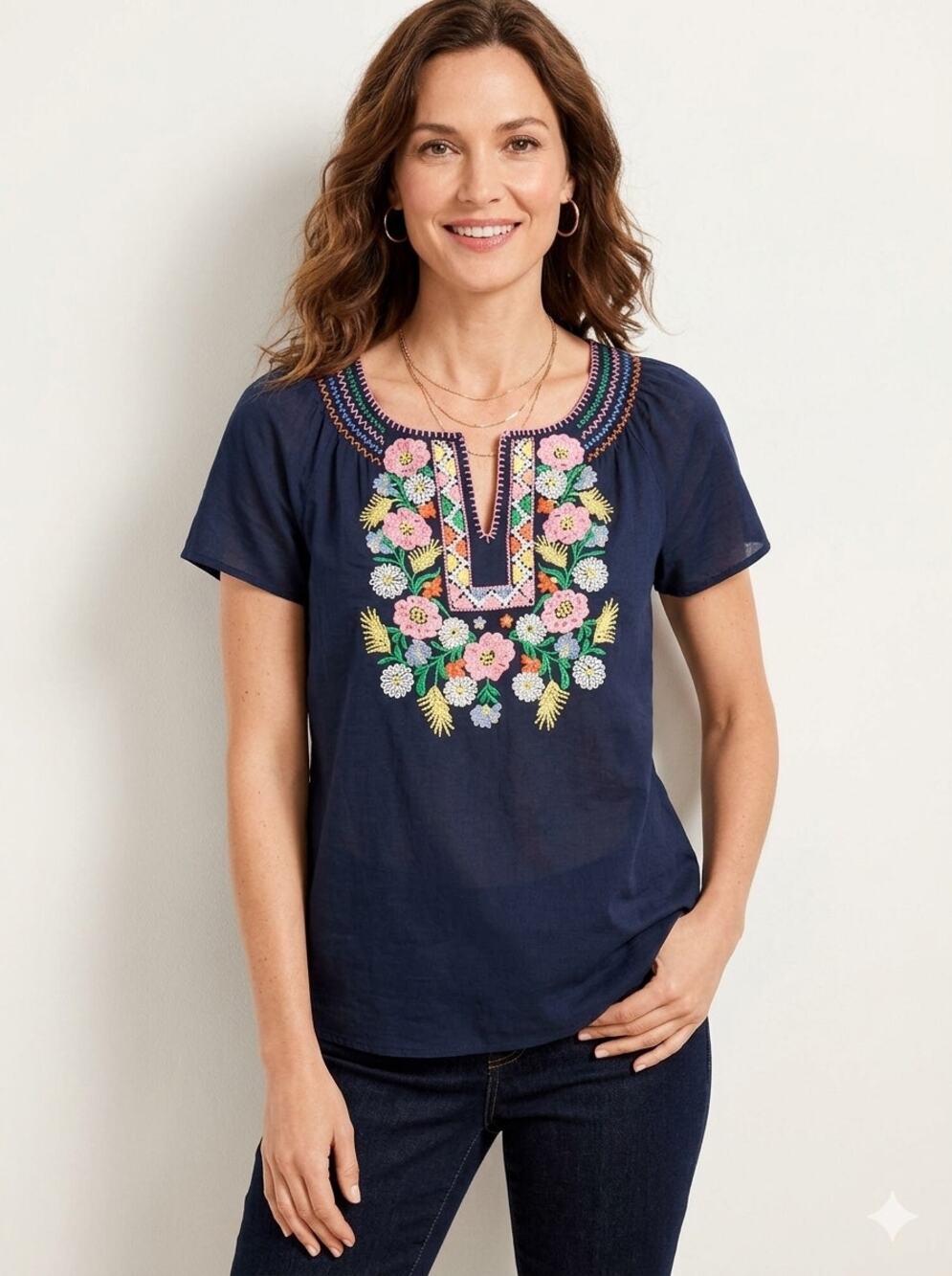 Talbots Navy Blue Embroidered Floral Peasant Blouse Medium Short Sleeve